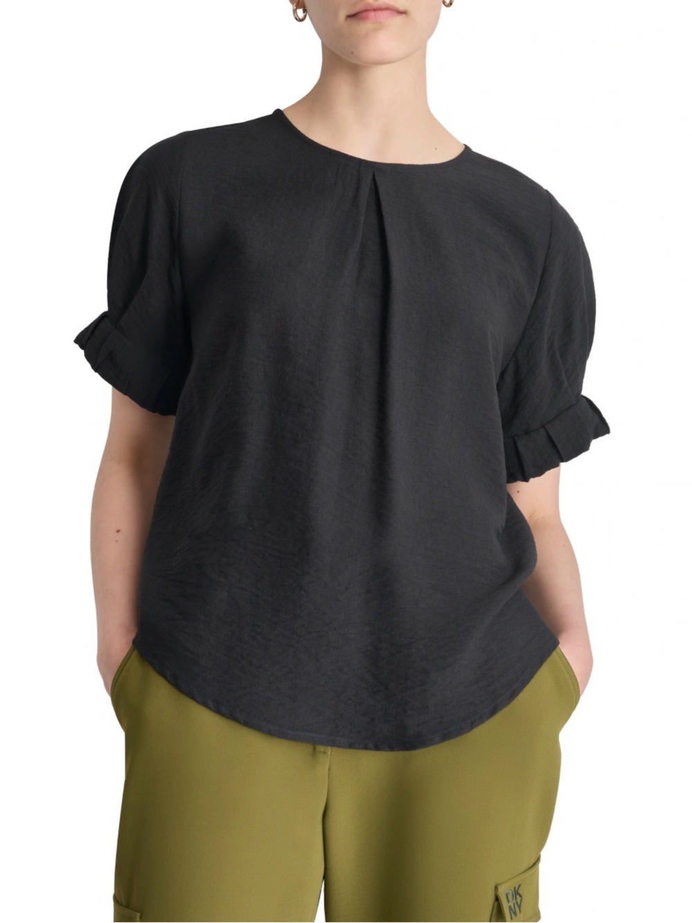 DKNY Black Short-Sleeve Blouse with Pleat and Ruffle Cuffs